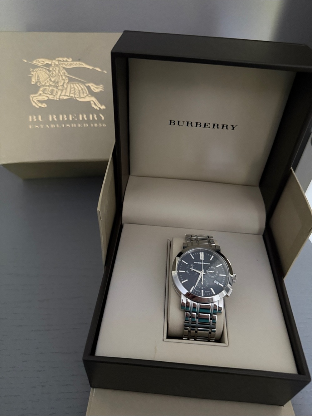Burberry Men's Silver Stainless Steel Bracelet Watch with Black Dial